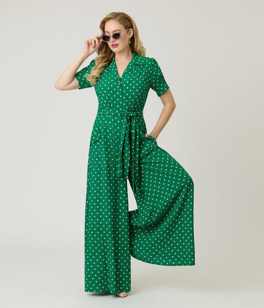 Unique Vintage Green & White Dot Flare Jumpsuit