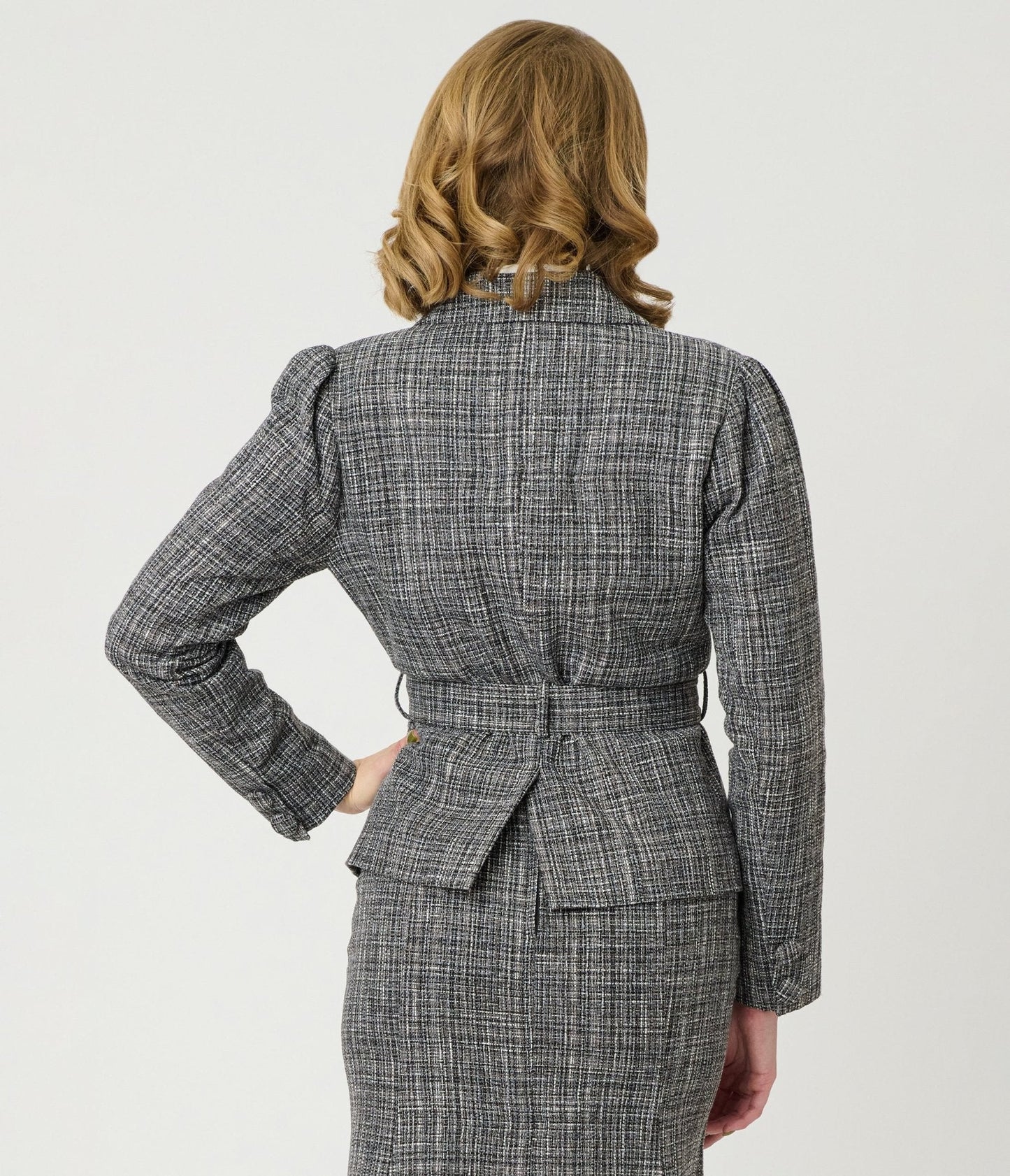 Unique Vintage Grey Tweed Belted Shawl Collar Jacket