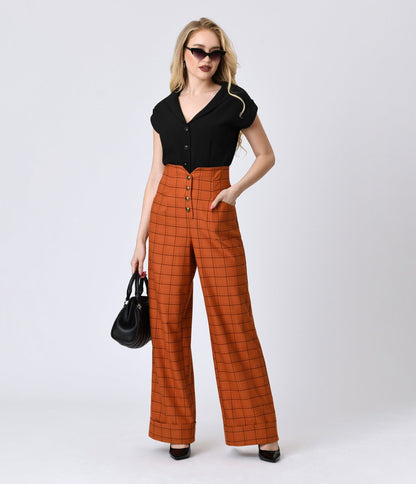 Unique Vintage Orange Windowpane Buttoned Wide Leg Trousers