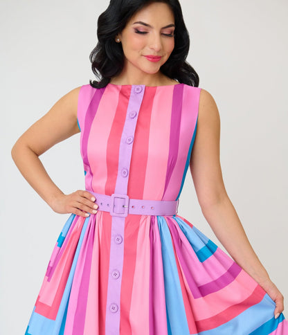 Unique Vintage Pastel Purple & Blue Stripe Sleeveless Button Swing Dress