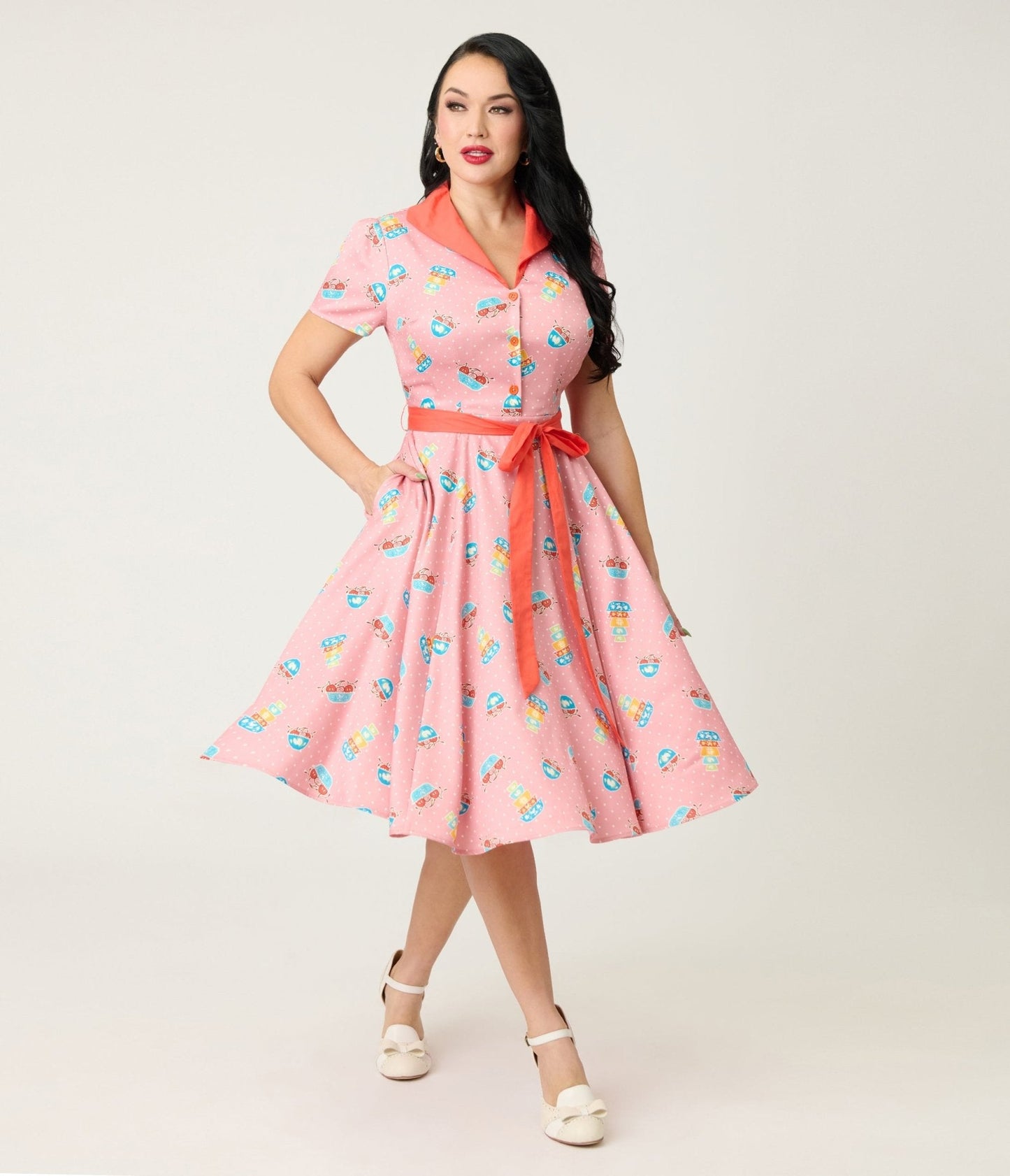 Unique Vintage Pink Pyrex Print Cotton Shirt Dress