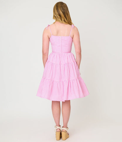 Unique Vintage Pink Stripes & Frog Brooch Tiered Swing Dress