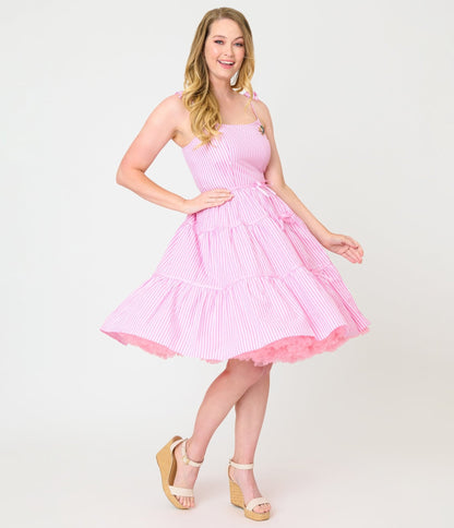 Unique Vintage Pink Stripes & Frog Brooch Tiered Swing Dress