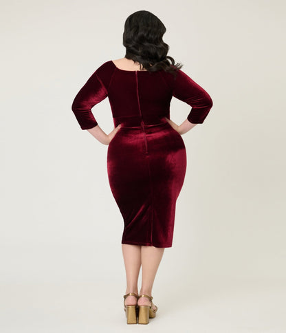 Unique Vintage Plus Size Burgundy Velvet Off the Shoulder Surplice Pencil Dress