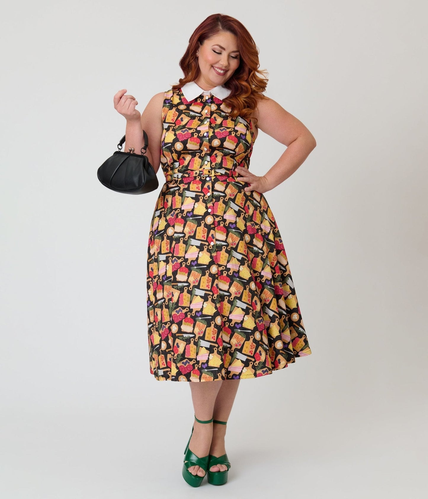 Unique Vintage Plus Size Charcuterie Print Darlene Swing Dress