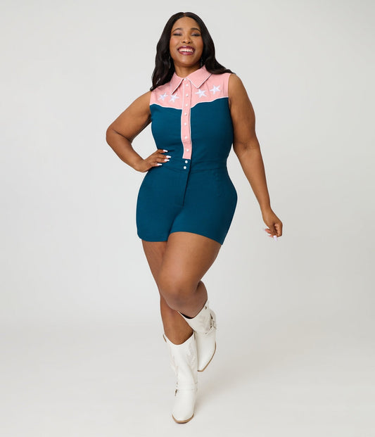 Unique Vintage Plus Size Dark Teal & Pink Rodeo Ready Romper