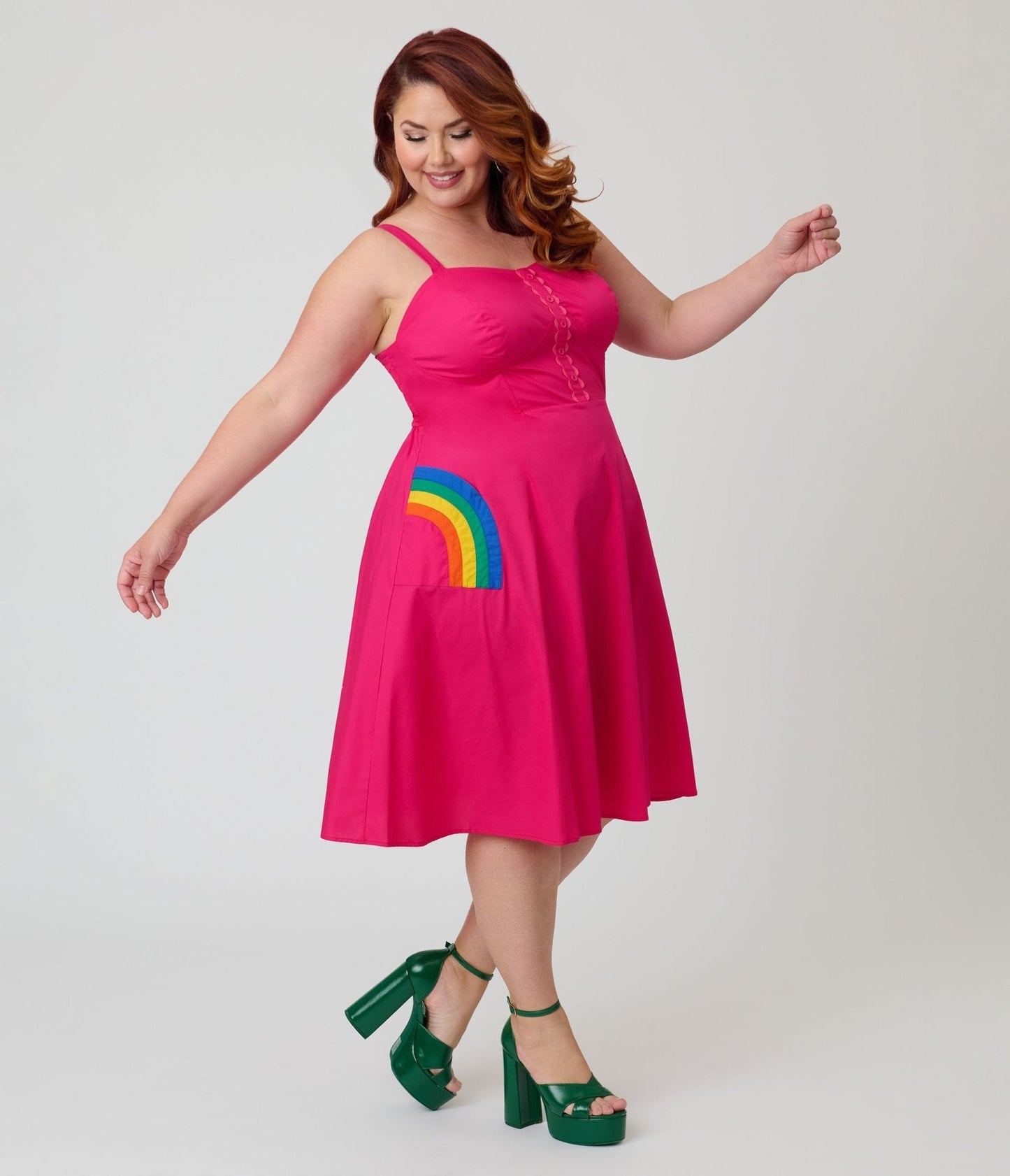 Unique Vintage Plus Size Hot Pink & Rainbow Pockets Sweetheart Swing Dress