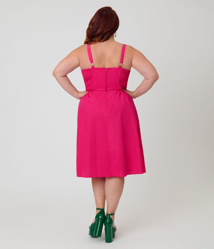 Unique Vintage Plus Size Hot Pink & Rainbow Pockets Sweetheart Swing Dress