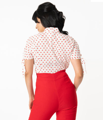 Unique Vintage 1960s White & Red Heart Print Chita Blouse